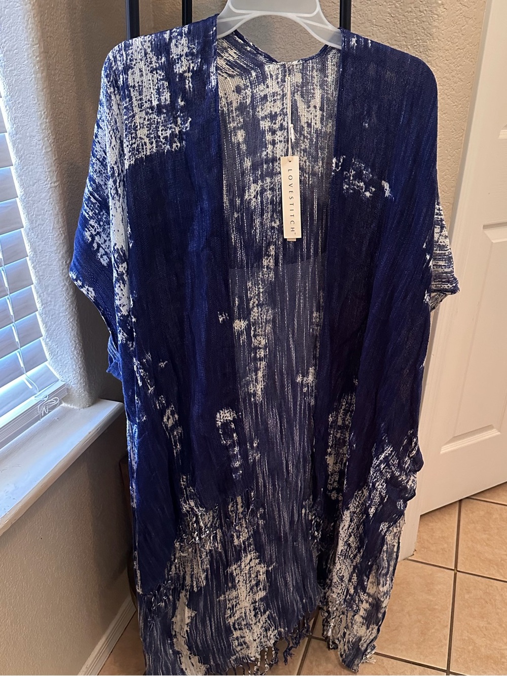 lovestitch Navy and White Tie-Dye Fringe Kimono Cover